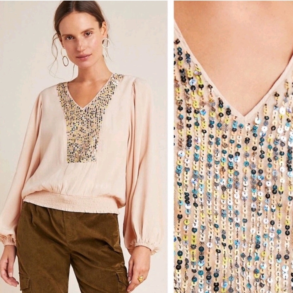 Anthropologie Sequin Embellished Blouse in Cream